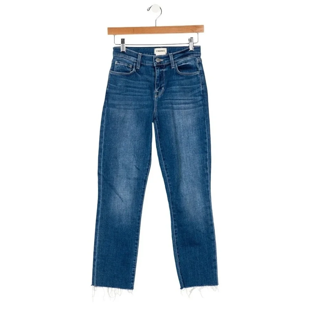 L'AGENCE Sada Cropped Slim Straight Jeans in Toledo Blue 24 French Girl Off Duty